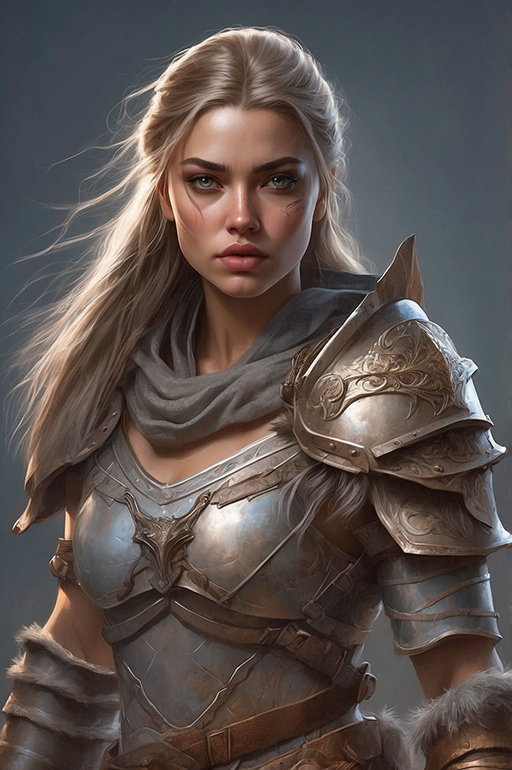 Human Female Warrior 1
A human female warrior with long dirty blonde hair. Wearing plate armor and a scarf.
Keywords: human;female;barbarian;warrior;fighter;plate armor;long hair;blonde;scarf