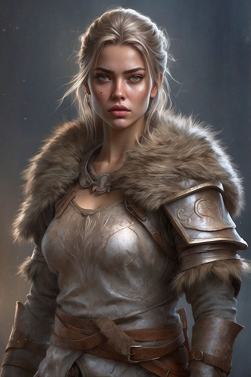 Human Female Warrior 3
A human female warrior with long dirty blonde hair. Wearing plate armor and furs.
Keywords: human;female;barbarian;warrior;fighter;plate armor;long hair;blonde;furs