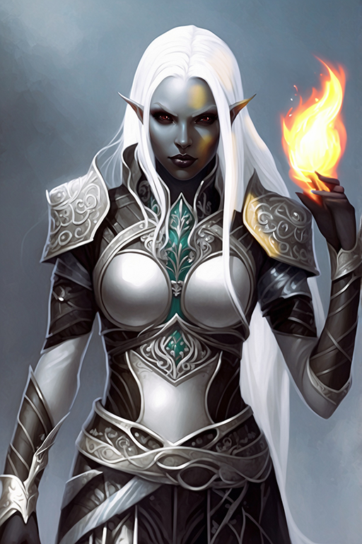 Female Drow 1
A typical female drow with long white hair and red eyes. Wearing plate and leather armor and casting a fire spell.
Keywords: drow;female;long hair;white;plate armor;cleric;spell;fire;caster;sorceress;red eyes