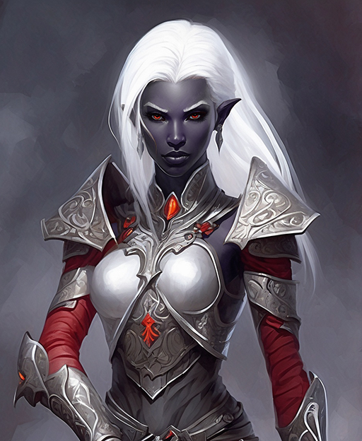 Female Drow 2
A typical female drow with long white hair and red eyes. Wearing a combination of red cloth and plate armor indicating she may be a warrior or cleric.
Keywords: drow;female;long hair;white;plate armor;cleric;red eyes