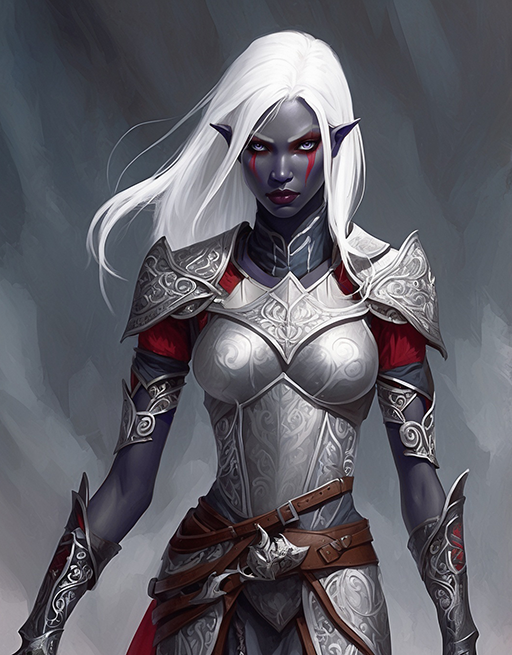 Female Drow 3
A typical female drow with long white hair and purple eyes. Wearing intricately detailed silver plate armor indicating she may be a cleric.
Keywords: drow;female;long hair;white;plate armor;cleric;purple eyes