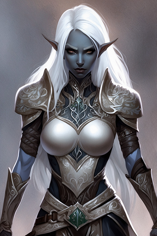 Female Drow 4
A typical female drow with long white hair and yellow eyes. Wearing a combination of cloth and plate armor indicating she may be a cleric.
Keywords: drow;female;long hair;white;plate armor;cleric;yellow eyes