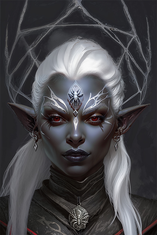 Female Drow 6
A female drow adorned with silver jewelry. A full moon in the background and a crescent moon on her necklace indicate she is devoted to Eilistraee.
Keywords: drow;female;long hair;white;Eilistraee;priestess;silver jewelry;purple eyes