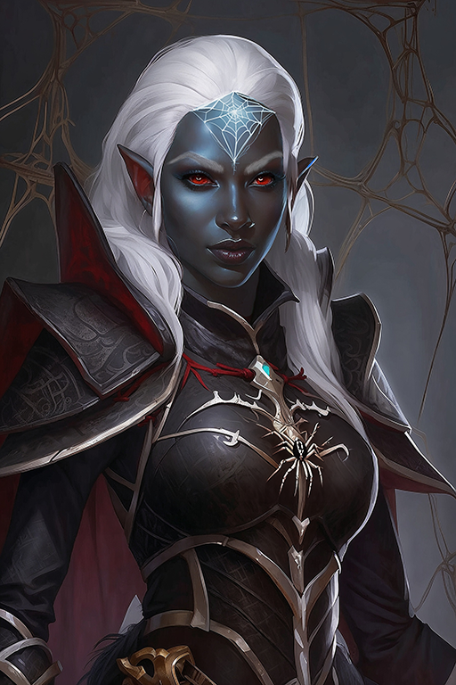 Female Drow 10
A female drow with long white hair and red eyes. She wears black cloth robes adorned with spiders and webs as a dedication to her goddess Lolth.
Keywords: drow;female;cloth robes;robes;long hair;white;red eyes;uderdark;lolth;spiders