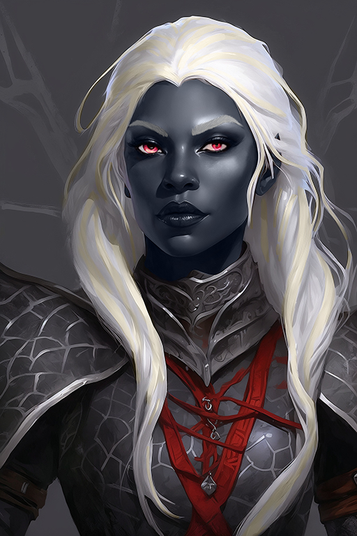 Female Drow 11
A female drow with long white hair and red eyes. She wears plate armor with a spider web pattern.
Keywords: drow;female;plate armor;long hair;white;red eyes