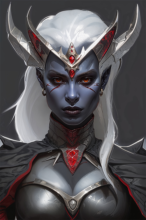 Female Drow 12
A female drow with red eyes, wearing a silver crown and red and black cloak indicating nobility. 
Keywords: drow;female;plate armor;long hair;white;red eyes;cloak;crown;silver