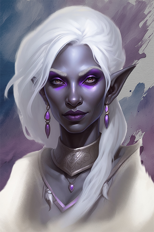 Female Drow 16
An artistic portrait of a female drow with shades of purple and blue.
Keywords: drow;female;artistic;watercolor;cloth armor;robes;long hair;white;purple eyes