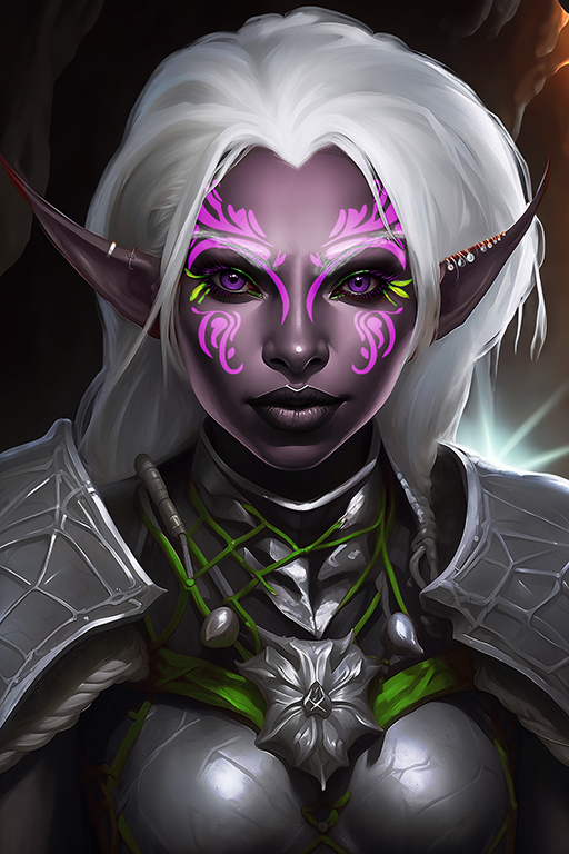 Female Drow 18
A spunky female drow with medium-long white hair, and purple eyes. Pink and lime green tattoos adorn her wild face. She has spent her life protecting a small clan of Myconids in the Underdark.
Keywords: drow;female;plate armor;pink;lime green;tattoos;wild;underdark