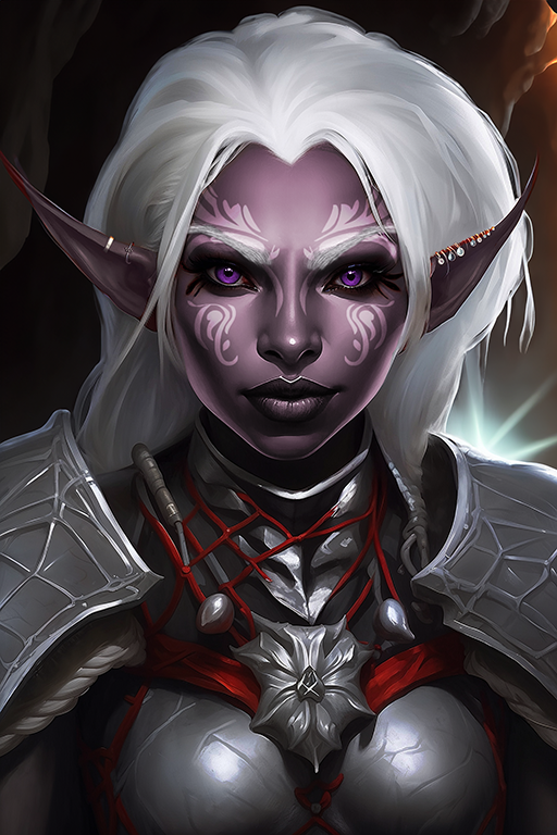 Female Drow 19
A spunky female drow with medium-long white hair, purple eyes, and tattoos on her face. She is wearing full plate armor, hinting that she's a warrior.
Keywords: drow;female;plate armor;purple eyes;tattoos;warrior;white hair