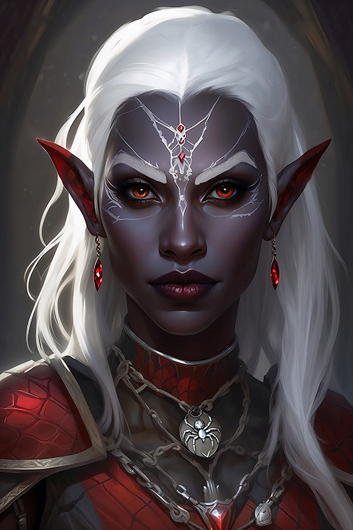 Female Drow 20
A typical female drow with long white hair and red eyes. Wearing red leather armor adorned with spiders and webs. A priestess showing her devotion to her goddess Lolth.
Keywords: drow;female;leather armor;long hair;white;red eyes;uderdark;lolth;spiders